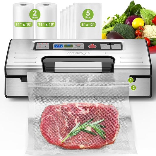 Vacuum Sealer Machine, 95kPa Food Sealer with Double Heat Seal for Dry/Moist Food, Easy-lock Handle, Built-in Bag Storage & Cutter, Progress Display, Removable Drip Tray, Silver