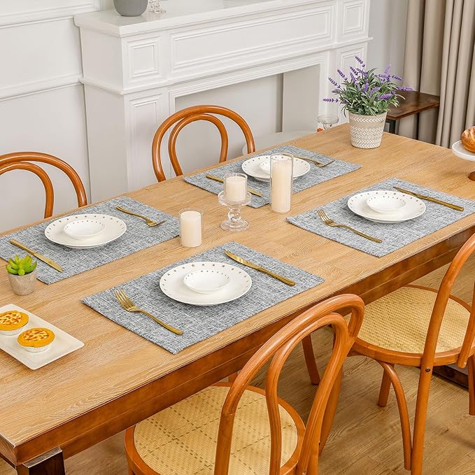 SHACOS Fabric Placemats Set of 6 Washable Heat Resistant Place Mats Non Slip Thick Cloth Placemats Reversible Table Mats Indoor Outdoor Home Wedding Table Decor, Light Grey White