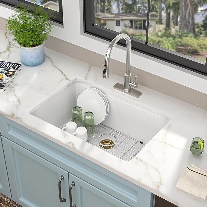 28"x19" Granite Composite Kitchen Sink - White Undermount Ledge Workstation Quartz Classic Under Counter Single Bowl Basin