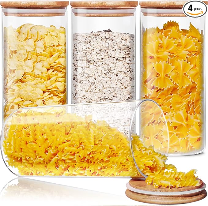 Glass Jars with Bamboo Lids 53 FL OZ [Set of 4], Glass Canisters with Airtight Lids, Glass Food Storage Containers for Pasta, Oats, Coffee, Flour, Sugar, Rice, Best for Kitchen & Pantry
