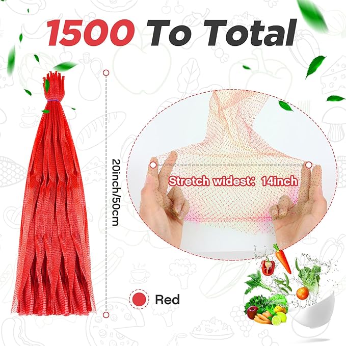 Windyun 1500 Pcs Mesh Produce Bags Reusable Nylon Netting Bulk, Fits Storage Egg Vegetable Seafood Fruits Grocery Bags (20 Inch,Red)