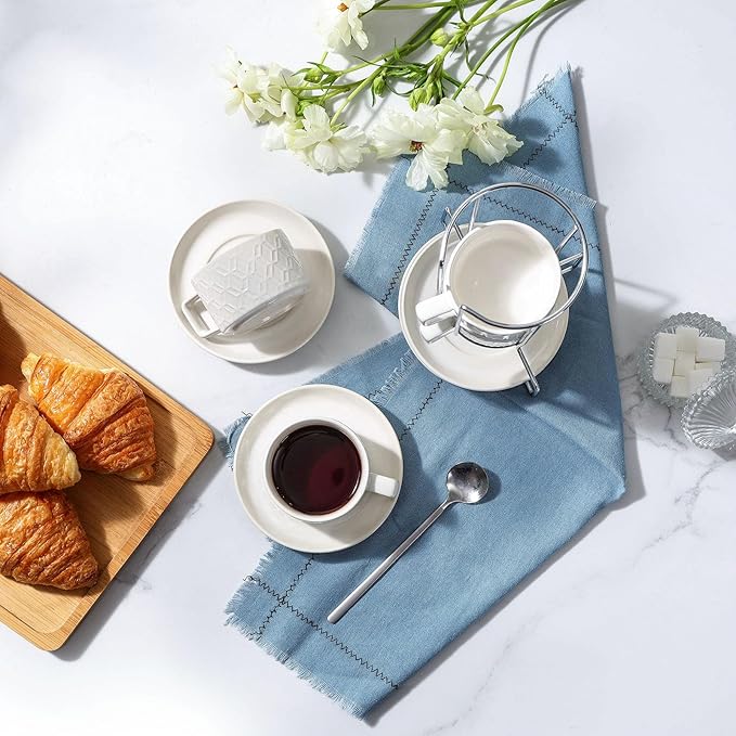 Sureasy Ceramic Espresso Cups Set of 4 – 4 oz White Embossed Cappuccino Cups with Saucers and Metal Stand, Stackable Mugs for Latte, Mocha, Tea, and Specialty Coffee