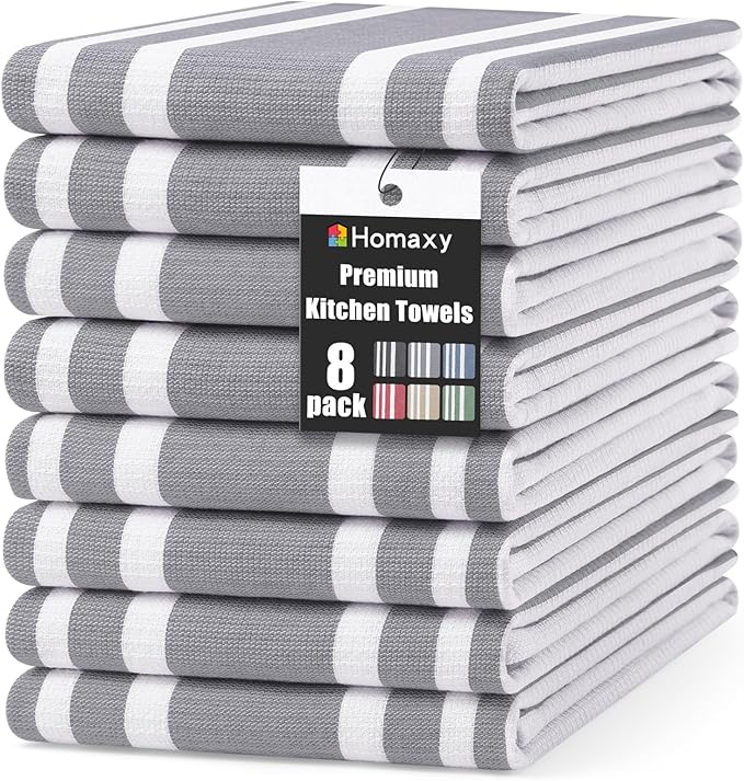 Homaxy Premium Kitchen Towels 18”x 28”, Large Cotton 380 GSM Kitchen Hand Towels, Stripe and Terry Dish Towel, Highly Absorbent Tea Towel Set with Hanging Loop, 8 Pack, Grey