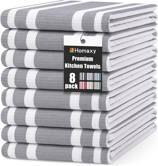 Homaxy Premium Kitchen Towels 18”x 28”, Large Cotton 380 GSM Kitchen Hand Towels, Stripe and Terry Dish Towel, Highly Absorbent Tea Towel Set with Hanging Loop, 8 Pack, Grey