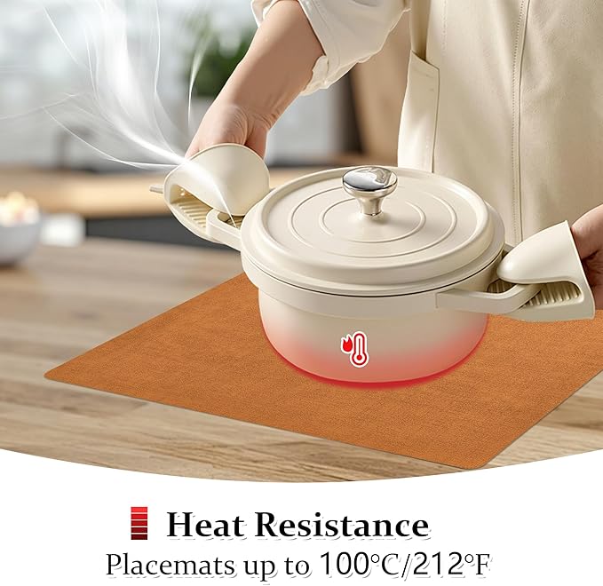 FROMHEART Faux Leather Placemats Set of 8–Waterproof,Heat/Oil Stain-Resistant PU Table Mat–Reversible,Non-Slip,Easy to Clean Place Mats for Kitchen,Dining,Indoor/Outdoor,(Orange-Grey,11.8" x 17")