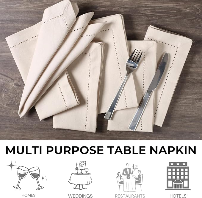 Bedding Craft Cotton Linen Cloth Dinner Napkins Set of 12 – 18x18 Flax Oatmeal Hemstitched – Machine Washable Reusable Fabric Napkins for Weddings, Parties & Events