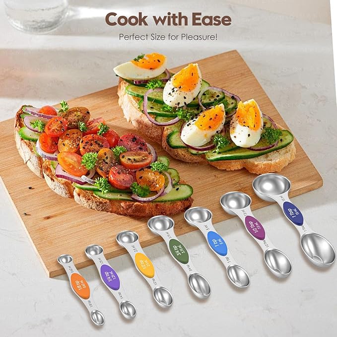 Magnetic Measuring Spoons Set of 8 - Heavy Duty 304 Stainless Steel, Triple Measurement Markings, Strong N52 Magnets, Easy to Clean, Space-Saving with Leveler Included (Colorful)