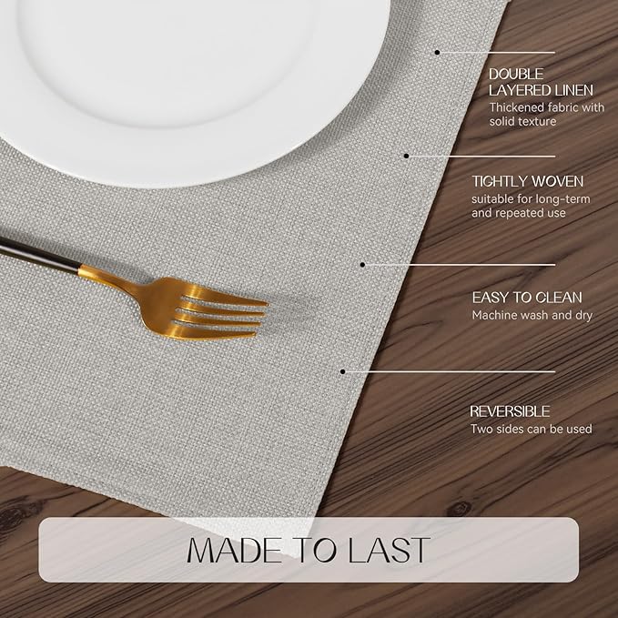 Romanstile Cloth Placemats Set of 4-12 x 18 Inch, Heat Resistant Double Layered Thickened Burlap Place Mats, Washable Linen Farmhouse Table Mats for Kitchen/Dining/Party/Outdoor, Light Grey