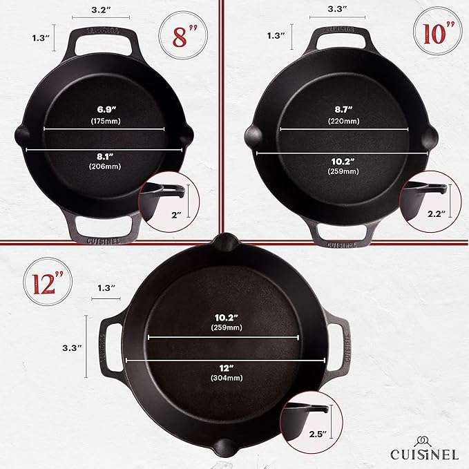 Cast Iron Skillet + Cast Iron Lid Set - 8"+10"+12" Dual Handle Frying Pans + Pan Scraper + Silicone Handle Holder Covers - Pre-Seasoned Indoor/Outdoor, Grill, Stovetop, Induction, Oven Safe Cookware