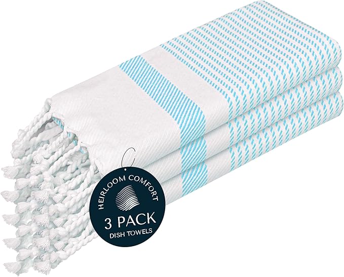 Aqua Blue Turkish Kitchen Towels 16x26 Inch, 3 Pack, 100% Cotton, Super Absorbent, Fast Dry, Machine Washable, Dish Towel with Tassels for Drying Dishes, Cleaning, Everyday Use