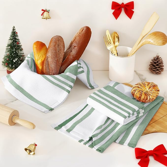 Homaxy Premium Kitchen Towels 18”x 28”, Large Cotton 380 GSM Kitchen Hand Towels, Stripe and Terry Dish Towel, Highly Absorbent Tea Towel Set with Hanging Loop, 6 Pack, Grass Green