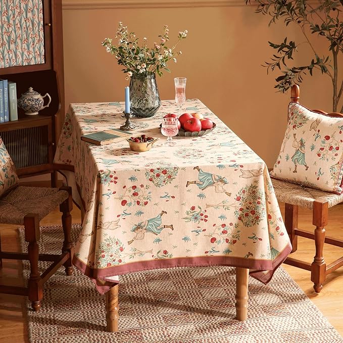 patdrea Designer Beige Tablecloth for Rectangle Tables,Vintage Elegant French Linen with Trees and Kid Pattern Table Cloth,Farmhouse Table Cover Cloth Decor for Kitchen Dining Christmas,63"*110"