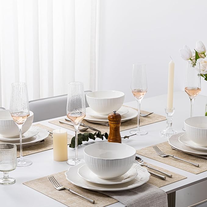 12 Pcs Porcelain Dinnerware Sets for 4, Ceramic Plates and Bowls Sets with Embossment, Oven, Dishwasher and Microwave Safe - Scratch Resistant Dish Set, QOMO-1996