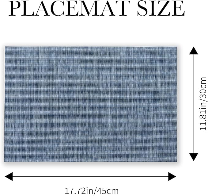 BACKTOEDEN Placemats Set of 6 Heat Resistant Washable Wipeable Placemat Woven Non-Slip Foldable Vinyl/Plastic Place Mats Indoor/Outdoor Mat Kitchen Dining Table Pad, Blue Silver Line