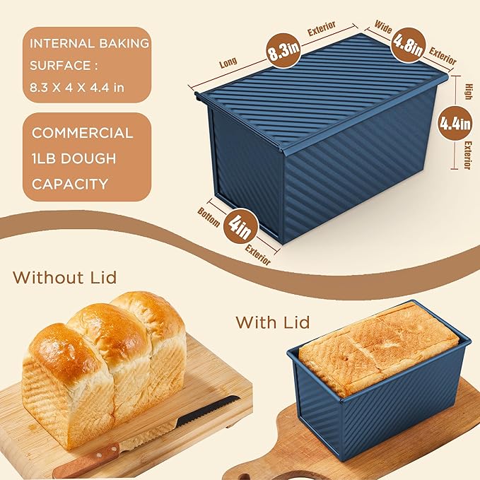 KITESSENSU Pullman Loaf Pan with Lid, 1 lb Dough Capacity Non-Stick Bakeware for Baking Bread, Carbon Steel Corrugated Bread Toast Box Mold with Cover,Blue