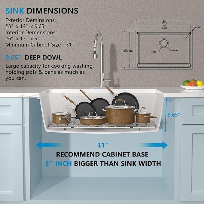 28"x19" Granite Composite Kitchen Sink - White Undermount Ledge Workstation Quartz Classic Under Counter Single Bowl Basin