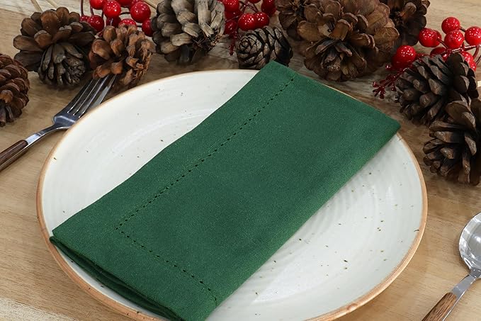PurpleEssences Set of 6 Hemstitch Cloth Dinner Napkins 100% Cotton - Soft Durable Washable - Ideal for Wedding Christmas Holiday Winter - Perfect Everyday Use Table Linen 18x18 - Forest Green