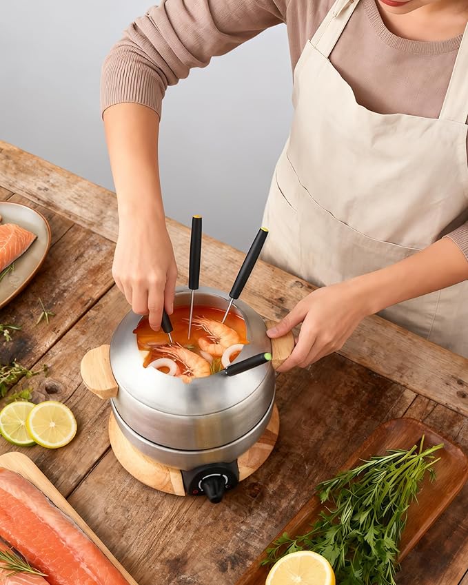Sanenchue Fondue Pot, 6-Cup Electric Fondue Pot Set for Cheese & Chocolate, 8 Color-Coded Forks, Temperature Control, Stainless Steel Pot Set, Solid Wood Base and Handle, FD-24