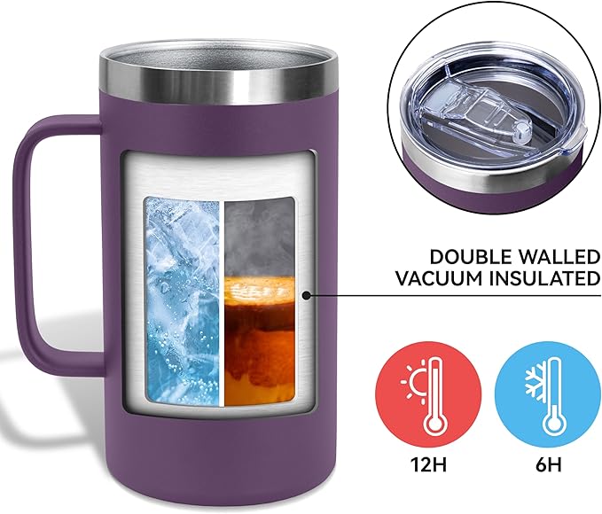 DOMICARE 24oz Mug with Handle and Lid, Stainless Steel Coffee Mug, Travel Mug with Handle, Double Wall Vacuum Coffee Tumbler, Reusable Insulated Cup, Dark Purple, Pack 4