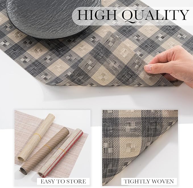 BACKTOEDEN Placemats Set of 8 Heat Resistant Washable Wipeable Placemat Woven Non-Slip Foldable Vinyl/Plastic Place Mats Indoor/Outdoor Mat Kitchen Dining Table Pad, Black Checkered