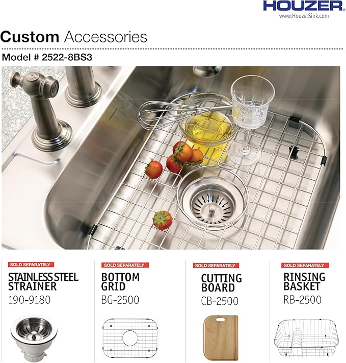 Houzer Glowtone Stainless Steel Kitchen Sink - 25 Inch Drop-In Topmount 3-Hole Single Bowl Sink, Durable & Versatile, Essential for Home & Apartment, Nested 36-Pack - 2522-8BS3-36