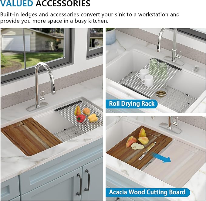 33 Granite Composite Kitchen Sink - Fulorni 33"x19" Kitchen Sink Undermount Ledge Workstation White Granite Quartz Composite Under Counter Single Bowl Sink Basin