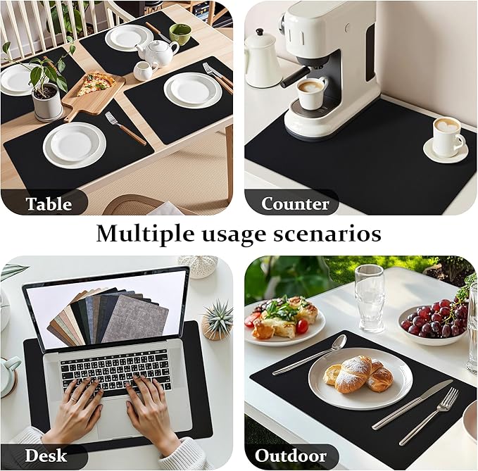 FROMHEART Faux Leather Placemats Set of 4–Waterproof,Heat/Oil Stain-Resistant PU Table Mat–Reversible,Non-Slip,Easy to Clean Place Mats for Kitchen,Dining,Indoor/Outdoor,(Black,11.8" x 17")