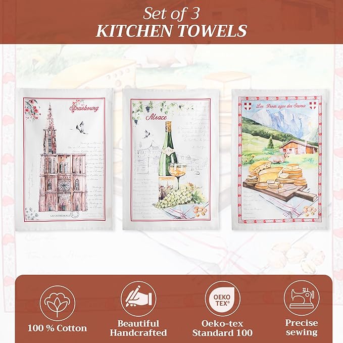 Maison d' Hermine Kitchen Towels Set of 3 100% Cotton 27.50" x 20" Reusable Cloth Tea Dish Towels Absorbent with Hanging Loop for Kitchen, Home, Dining, Cocktail Parties Spring/Summer (Ribeauville)