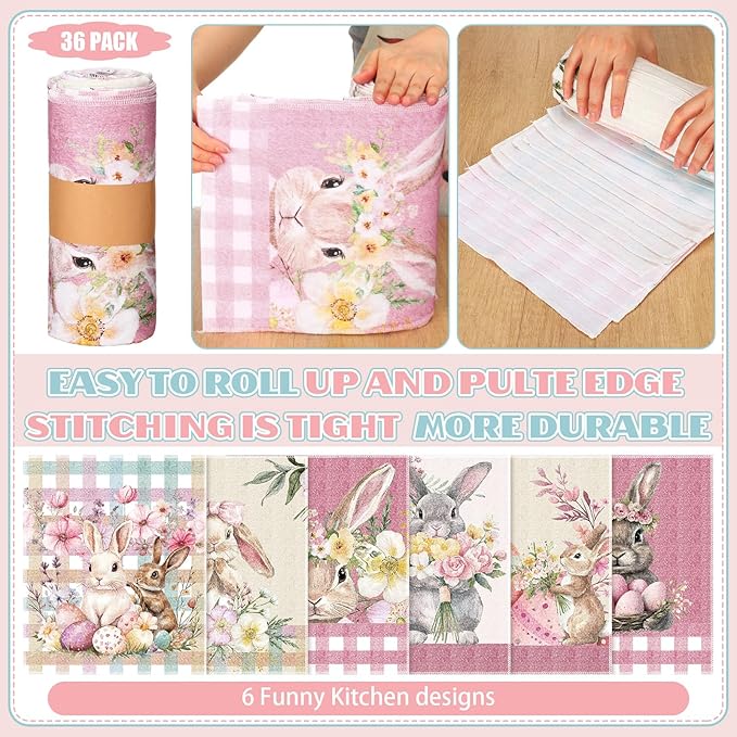 36 Pcs Easter Reusable Paper Towels Rolls Washable Bulk Easter Rabbit Bunny Kitchen Towels Paperless Reusable Cloth Cotton Napkins with Cardboard for Kitchen Bathroom