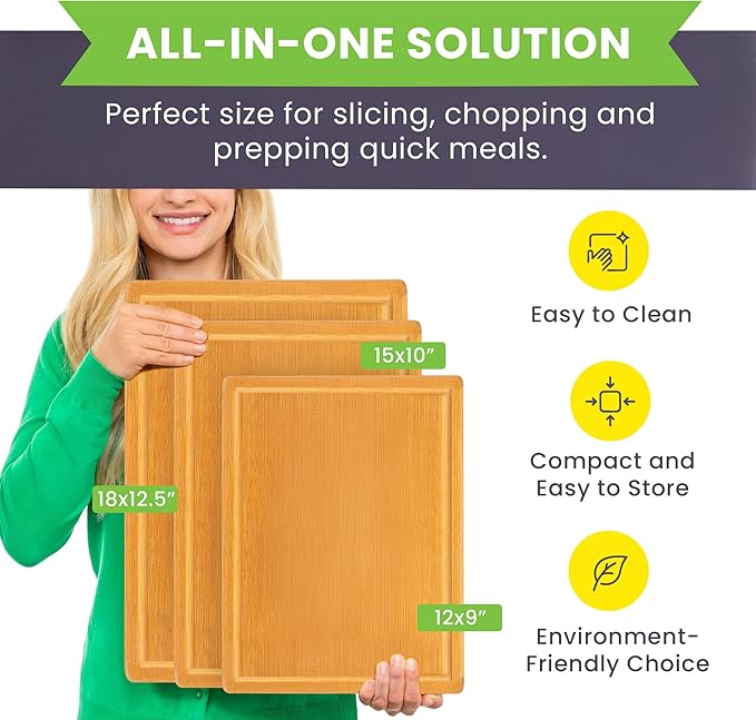 FSC® Certified Extra Large Bamboo Cutting Board Set of 3 – Featuring Glue-Free Surface™ Non Toxic Wood Cutting Boards for Safer Family Cooking and Lifetime Replacements - Rectangle