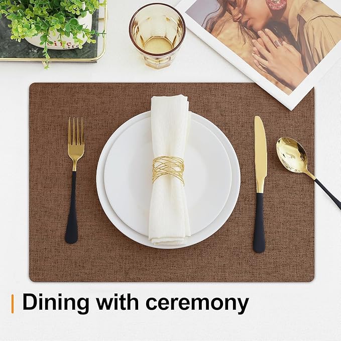 Homaxy Cloths Placemats for Dining Table Set of 6, Heat Resistant Washable Cotton Linen Blend Table Mats, Easy to Clean Place Mats for Indoor Outdoor Party Kitchen Decoration, 13" x 19", Brown
