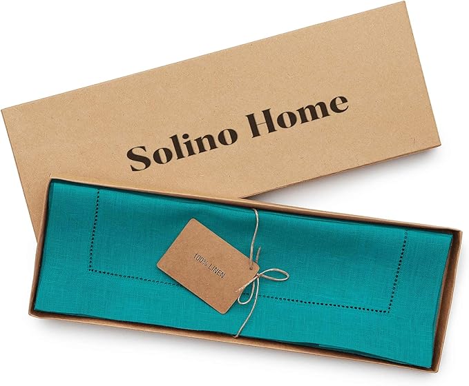 Solino Home Linen Placemats Set of 4 - Classic Hemstitch Teal Placemats 14 x 19 Inch - 100% Pure Linen Table Mats for Fall, Autumn, Thanksgiving, Christmas