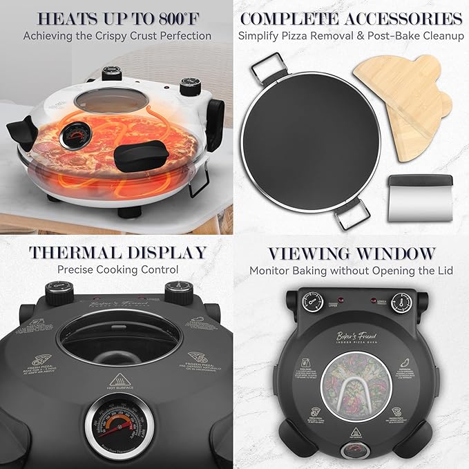 Baker’s Friend Electric Pizza Oven Indoor Countertop, 12 Inch Pizza Maker Machine for Home, Pizza Cooker & Pizza Grill, Premium Glazed Ceramic Stone Pizza Oven, Graphite Gray
