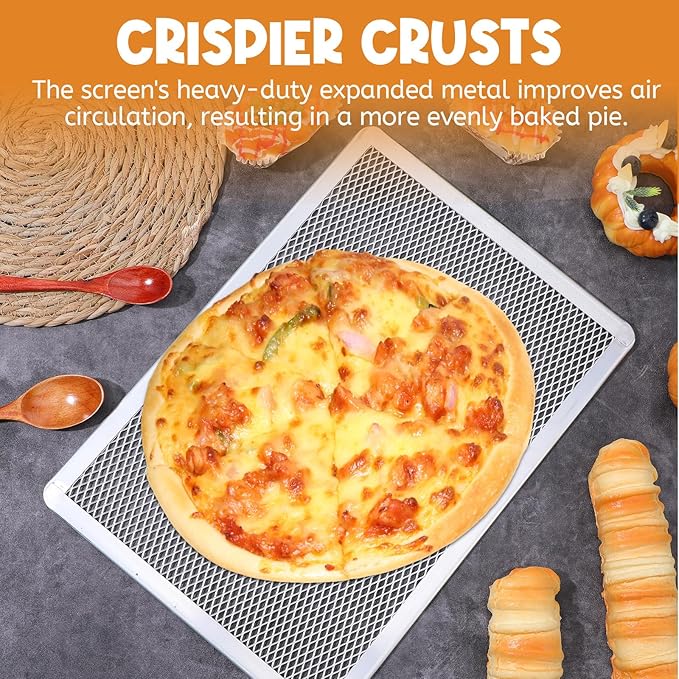 2 Pcs Pizza Screen, 11 x 15.7 Inch Rectangular Aluminum Pizza Pan Restaurant-Grade Flatbread Screen Pizza Crisper Pan, Stainless Steel Cooling and Baking Rack Set, Oven-Safe
