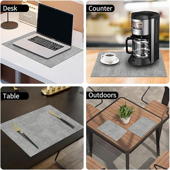 homing Faux Leather Heat Resistant Placemats 4 Packs, Waterproof Wipeable Dining PU Place Mats for Indoor & Outdoor, Easy to Clean, Light Grey