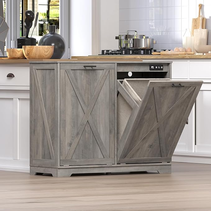 Tilt Out Trash Can Cabinet for 2 Bins, Hidden Recycle Garbage Bin Enclosure, Wooden Double Laundry Cabinet with Odor Control, Negative Ion & Ozone, for Kitchen, Bathroom, Laundry Room