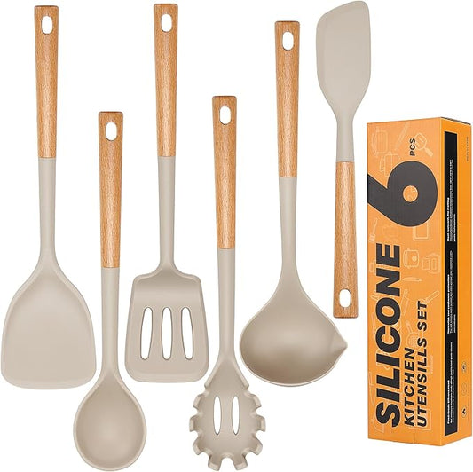 Silicone Cooking Utensils Set, Heat Resistance Large Kitchen Utensils Set with Long Wooden Handle, BPA-free Silicone Spatula, 6 Pcs Cooking Spoons for Non Stick Frying Pans and Pots(Khaki）