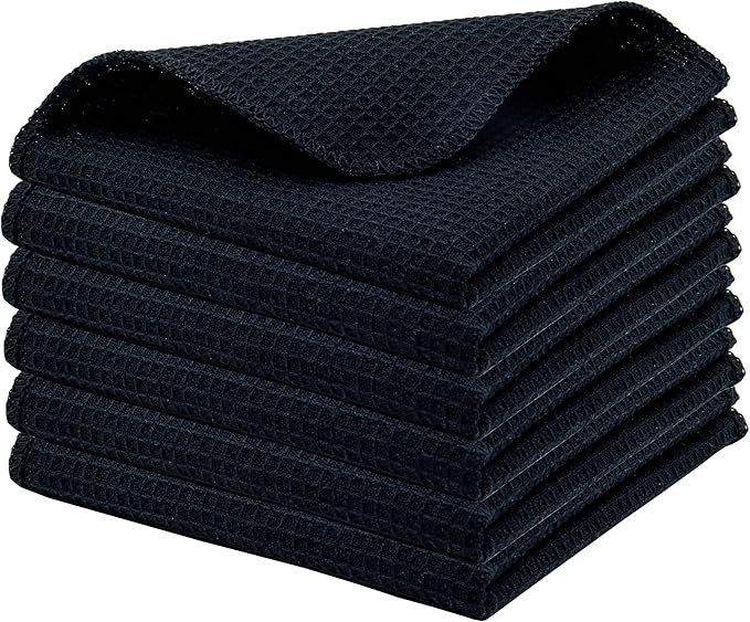 PurpleEssences Dish Cloths and Dish Rags - 6 Pack Waffle Weave Solid Kitchen Dish Wash Cloths, 100% Cotton, 12 x 12 Inches, Ultra Soft Absorbent Quick Drying - Christmas Holiday Winter - Black