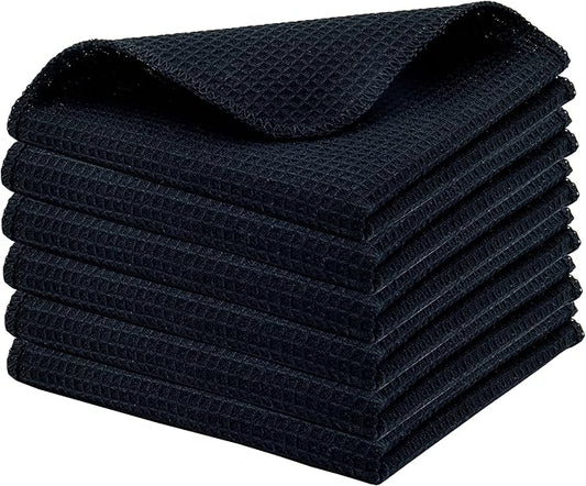 PurpleEssences Dish Cloths and Dish Rags - 6 Pack Waffle Weave Solid Kitchen Dish Wash Cloths, 100% Cotton, 12 x 12 Inches, Ultra Soft Absorbent Quick Drying - Christmas Holiday Winter - Black