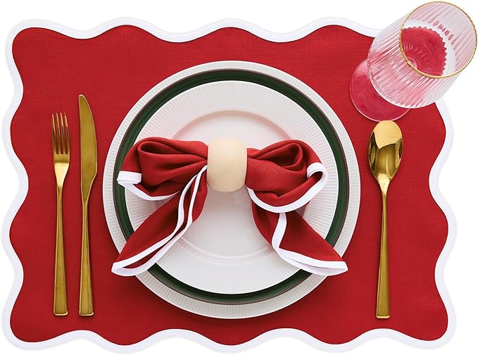 Solino Home Scallop Cloth Placemats Set of 4-100% Pure Linen Christmas Red Placemats 14 x 19 Inch - Giselle Scallop Edge, Handcrafted and Machine Washable