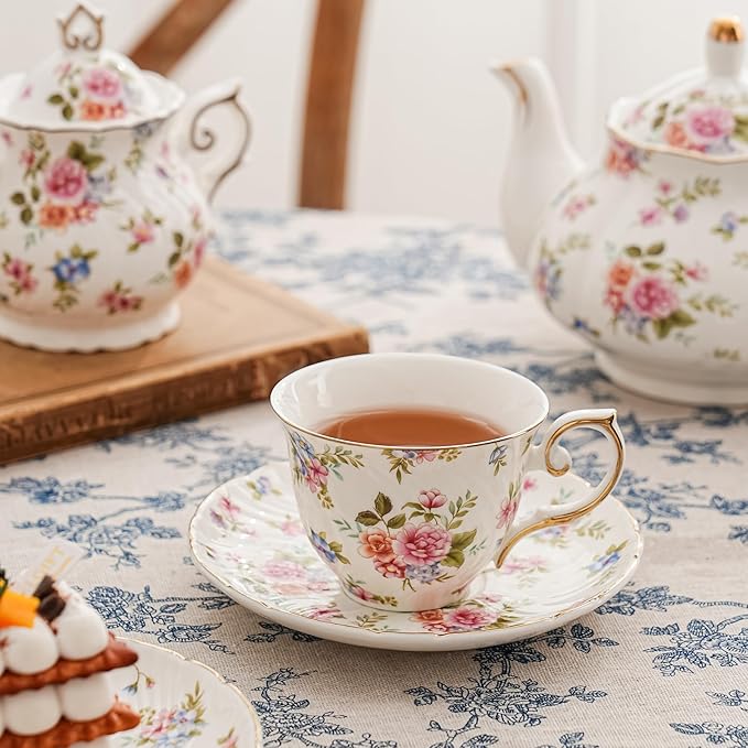 tea cups and saucers ceramic coffee mug 6oz for Coffee, Latte, Cafe Mocha and Tea-Set of 4, white with flowers