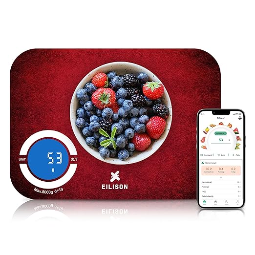 EILISON Smart Digital Food Kitchen Scale with Nutritional Calculator, On-Screen Nutrient Info, Free App for Calorie & Macro Tracking, Personal Goals, for Weight Loss and Keto, 5g-8kg Capacity (Red)