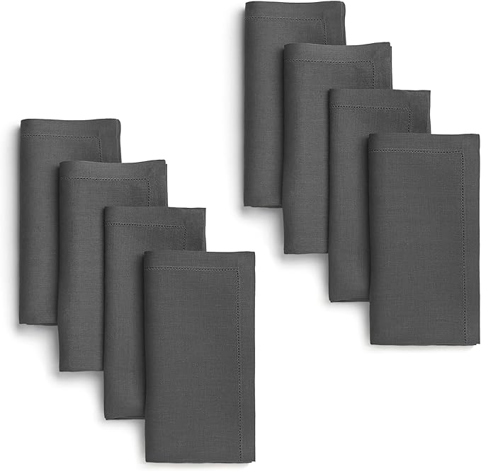 D'Moksha Homes Charcoal Grey Linen Napkins Set of 8 - Classic Hemstitch 100% Pure Linen Hemstitch Dinner Napkins 20 x 20 Inch for Thanksgiving, Holiday - Handcrafted and Machine Washable