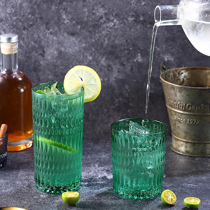 Glassware Drinking Glasses Set of 8, 14 oz Highball Glasses & 10 oz Ribbed Glass Cups, Vintage Glassware for Water, Juice, Cocktail, Whiskey (Atroviens)