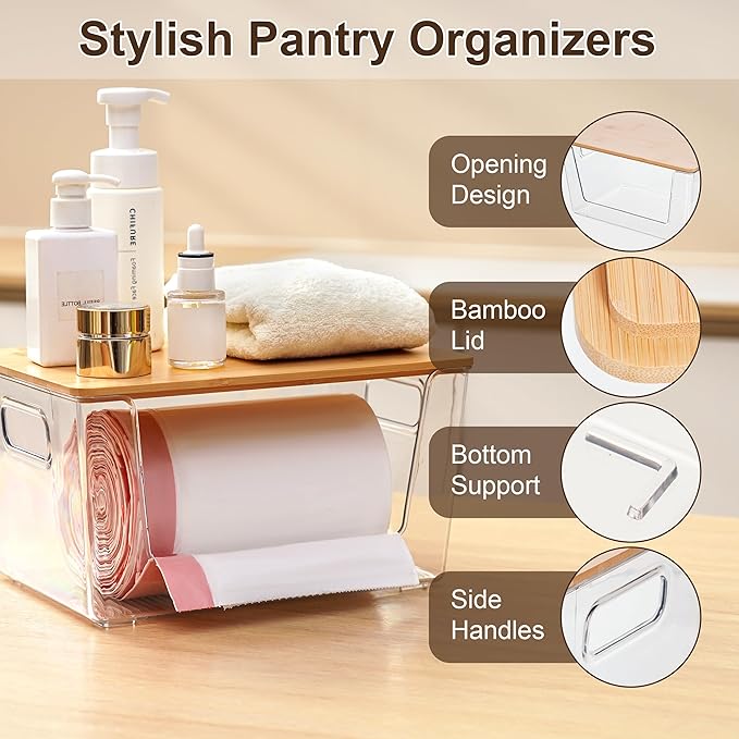 Citylife 2 PCS Small Stackable Storage with Bamboo Top Acrylic Trash Bag Dispenser Open Laundry Room Organizer with Handle