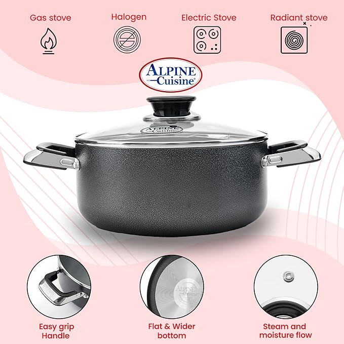 Alpine Cuisine 3 Quart Non-stick Stock Pot with Tempered Glass Lid and Carrying Handles, Multi-Purpose Cookware Aluminum Dutch Oven for Braising, Boiling, Stewing