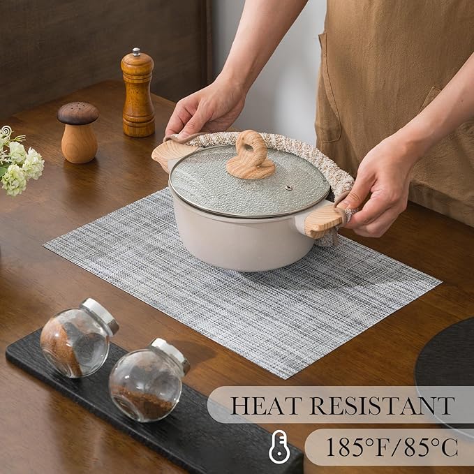 BACKTOEDEN Placemats Set of 8 Heat Resistant Washable Wipeable Placemat Woven Non-Slip Foldable Vinyl/Plastic Place Mats Indoor/Outdoor Mat Kitchen Dining Table Pad, Gray