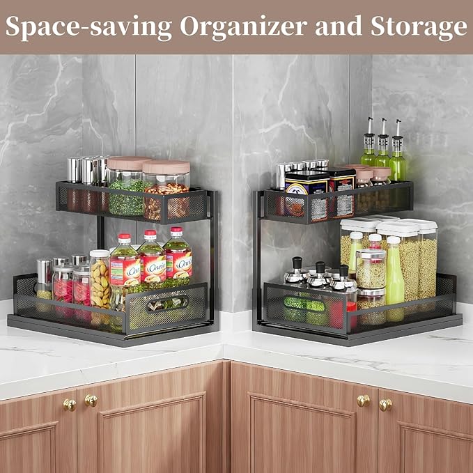 Under the Sink Organizer 2-Tier Pull Out Cabinet Organizer for Kitchen Bathroom, L-Shaped Undersink Shelves No Drill with Slide Out Drawer Space-Saving Storage Easy to Install Black 1 Pack