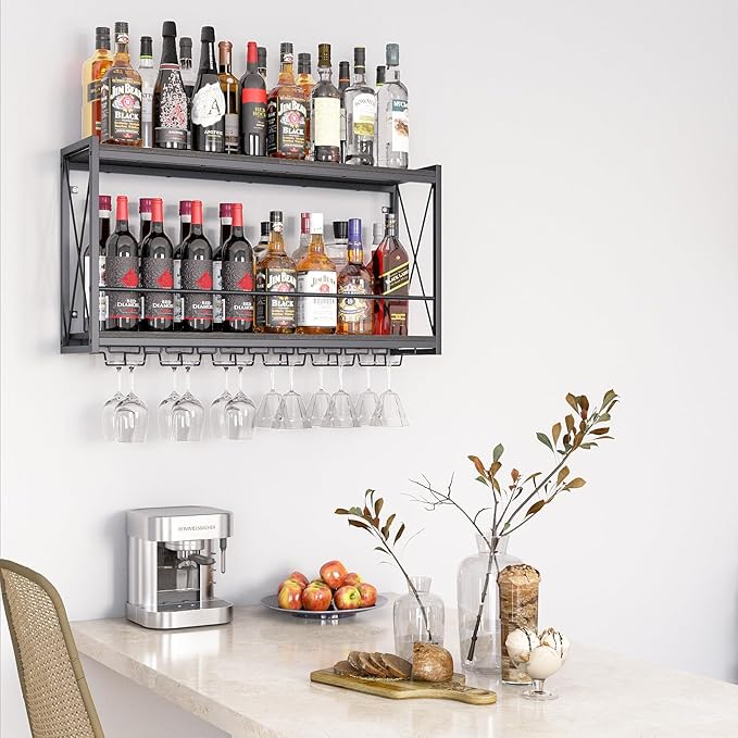 Dokser Wine Rack Wall Mounted Shelf - 2 Tier, Rustic Wood & Industrial Iron Frame Wine Bottle Holder for Kitchen, Dining Room, Home Bar Decor (Black)