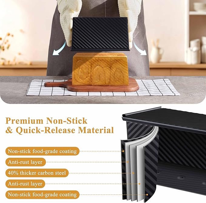 LIANYU Pullman Loaf Pan with Lid, 1 LB Nonstick Bread Loaf Pan, Metal Baking Tin for Homemade Sourdough Bread, Carbon Steel Bakeware Toast Box with Cover for Toast Oven Baking, Black